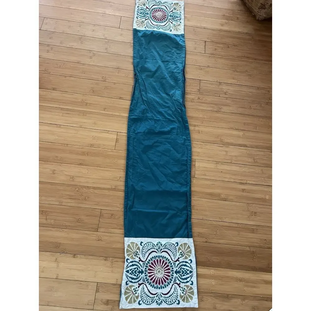 Cotton Floral Teal Embroidered Table Runner 67x12” Boho
